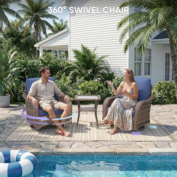 Patio Furniture Set - 7 Pieces All Weather Wicker Outdoor Furniture with 2 Swivel Chairs, 2 Ottomans, 1 Sofa, Side Table and Fire Pit Table, Ergonomic Design for Porch, Deck, and Backyard(Blue)