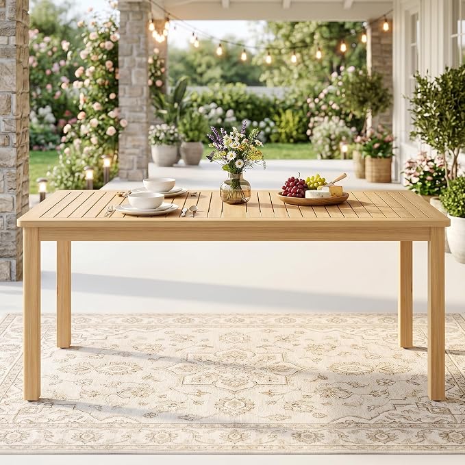 FansaFurn Acacia Outdoor Dining Table, 68"×32" Patio Dining Table with Umbrella Hole, All-Weather Solid Wood Outdoor Patio Table for Deck, Garden, Poolside, Lawn