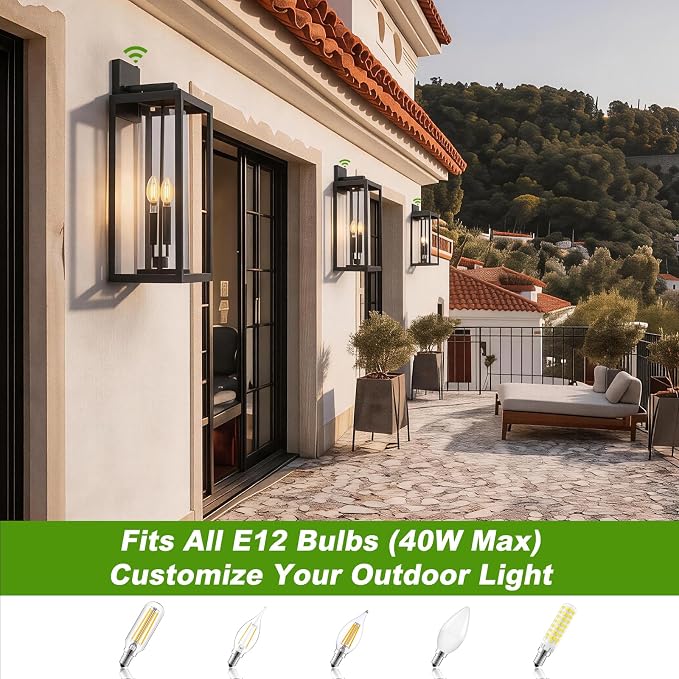 Extra Large 24 Inch Outdoor Wall Lights, Dusk to Dawn Sensor, Black, 2-Pack | IP65 Waterproof, Anti Rust, Tempered Glass, E12, 2-light, Weather-Resistant, Modern, Outside, Porch, Garage and Entryway