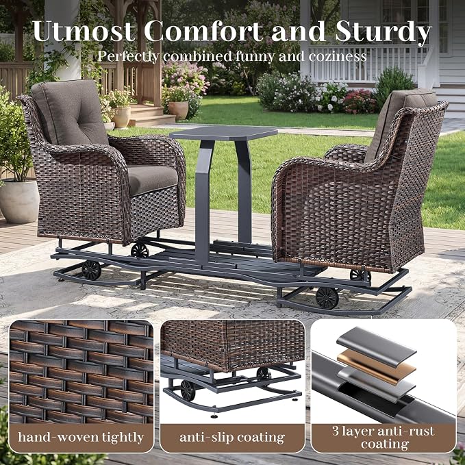 Rilyson Luxury Outdoor Wicker Glider Rocker Chairs for 2 Seats, Patio Wicker Rattan Glider Rocker Chairs with Table, Rocker Chairs Outdoor Furniture Sets for Patio Porch Pool Brown/Grey