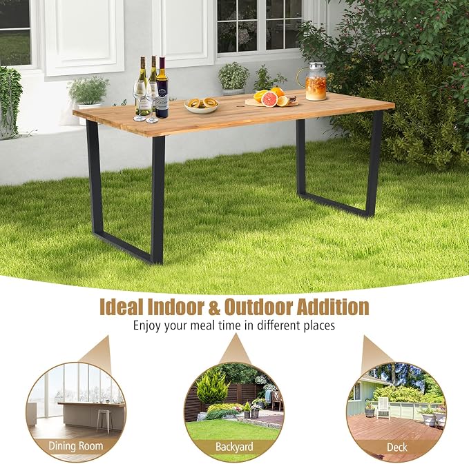 Tangkula 69-Inch Acacia Wood Patio Dining Table for 6, Rectangle Outdoor Table with 2" Umbrella Hole & Metal Legs, 6-Person Indoor Outdoor Table for Dining Room, Backyard, Garden, Lawn, Yard