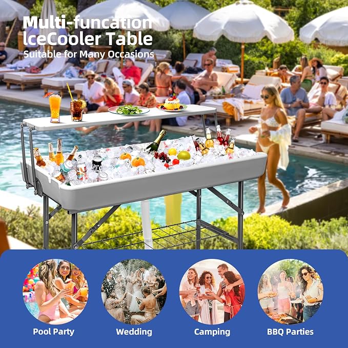 4ft Portable Ice Cooler Folding Table, Dual-Level Design, Built-in Drain, Detachable Skirt, Perfect for Outdoor Parties, Camping, Picnics, Pools, White