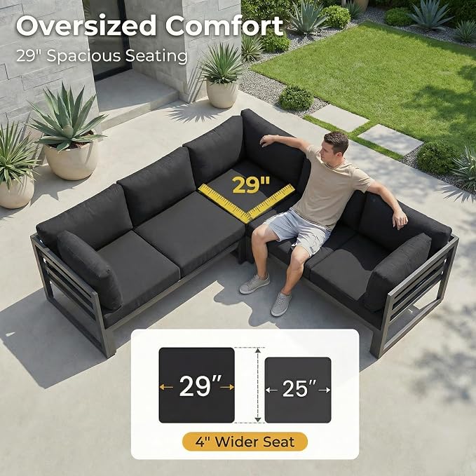 RADIATA 7 Piece Luxury Aluminum Outdoor Sectional Sofa with Fire Pit Table, Oversized L Shaped Patio Furniture Set, 29" Deep Wide Seating, 500 lbs Heavy Duty Conversation Set for Backyard Deck, Black