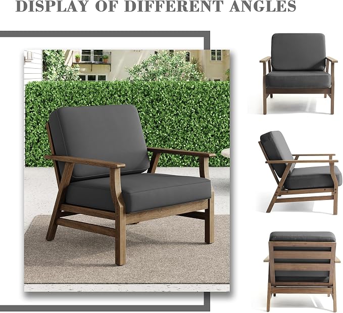 2 Piece Wood Patio Chair Outdoor Bistro Set, Outdoor Armrest Chair All Weather Patio Sofa Furniture Backyard Conversation Sets with Cushions, Dark Gray