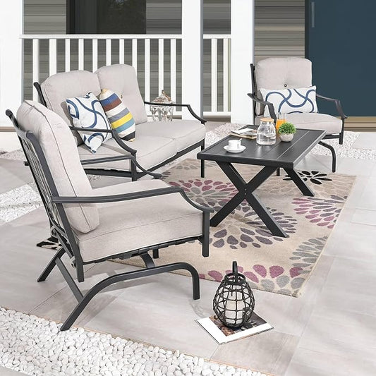 Patio Conversation Set 4 Pieces Metal Outdoor Furniture Sets Outside Loveseat with Rocking Chairs Coffee Table Thick Cushions (Beige)