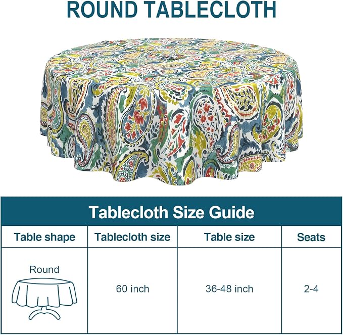DYTXIII Outdoor Round Tablecloth with Umbrella Hole 60 Inch, Water Repellent & Fade Resistant Table Cover, All Weather Outdoor Tablecloth for Garden & Party Table, Paisley Paradise
