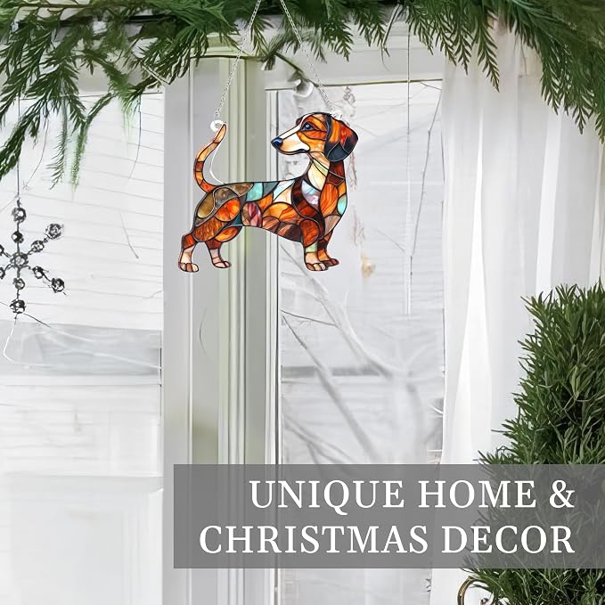 Dachshund Gifts for Women, Colorful Dachshund Ornament for Window Hanging | 5.9"x5" Acrylic Suncatcher Ornament Faux Stained Glass, Dog Lovers Gifts for Women, Dogs Christmas Ornaments for Tree Hanging