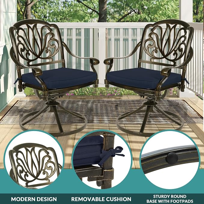 MEETWARM 9-Piece Outdoor Patio Dining Set for 8, All Weather Cast Aluminum Patio Funiture Table and Chairs Set- 64" Square Table and 2 Swivel Rocker Chairs, 6 Stationary, Umbrella Hole, Navy Blue