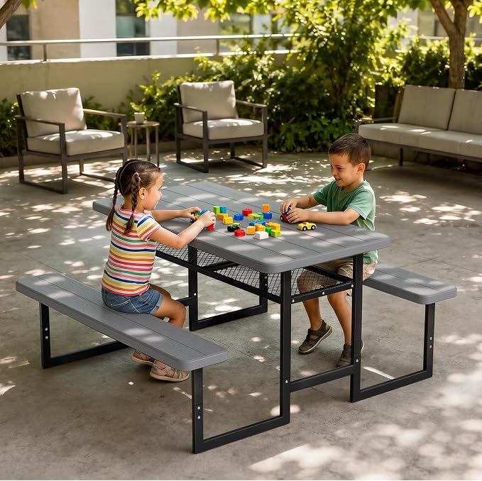 VINGLI 4.5ft Outdoor Picnic Table with Storage Shelf & 7.5 ft Umbrella, Wood Grain HDPE Top with Metal Frame Plastic Picnic Table for Dining Party Garden(Grey Table)