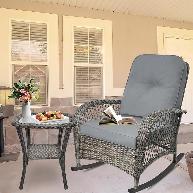 Outdoor Wicker Rocking Chair, All Weather Resin Rattan Wicker Rocking Chairs, for Garden Backyard Lown Porch,2pc,Grey
