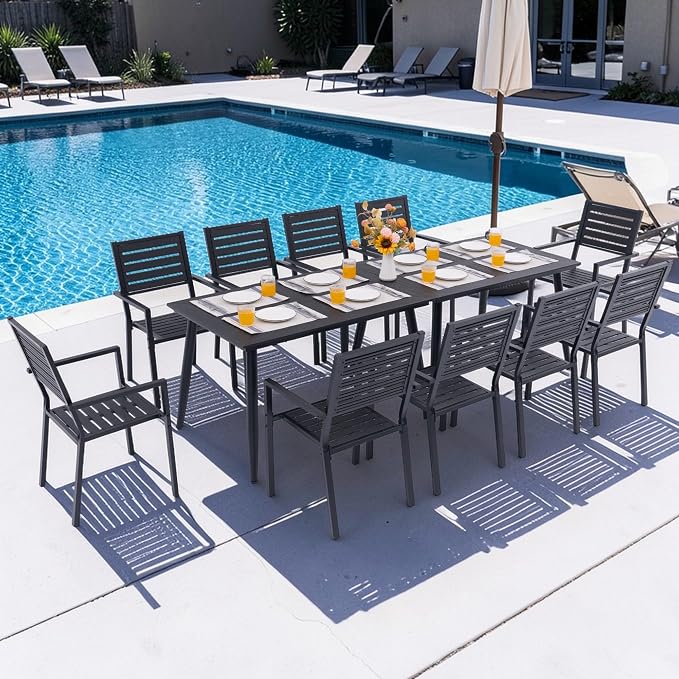 12-Piece Outdoor Dining Set - Two 47.25" HDPE Patio Tables and 10 Stackable Armrest Chairs - All-Weather Rust-Proof Steel Frame for Garden, Deck(Black)