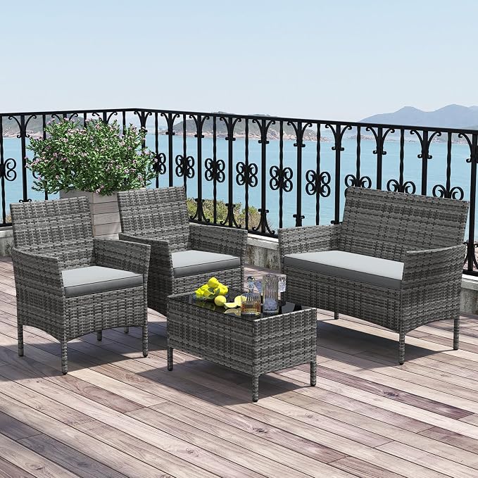 HAPPYGRILL 4 Pieces Outdoor Rattan Conversation Set, Patio Wicker Furniture Set with Loveseat Chairs & Tempered Glass Coffee Table, Outside Sectional Sofa Set for Backyard Garden Poolside, Gray