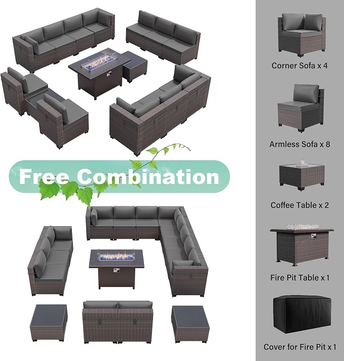 ALAULM 15 Pieces Patio Furniture Set with Aluminum Fire Pit Table Outdoor Furniture Sets 55000BTU Gas Fire Pit Brown PE Rattan Wicker Patio Conversation Sets w/12 Cushions (Grey)