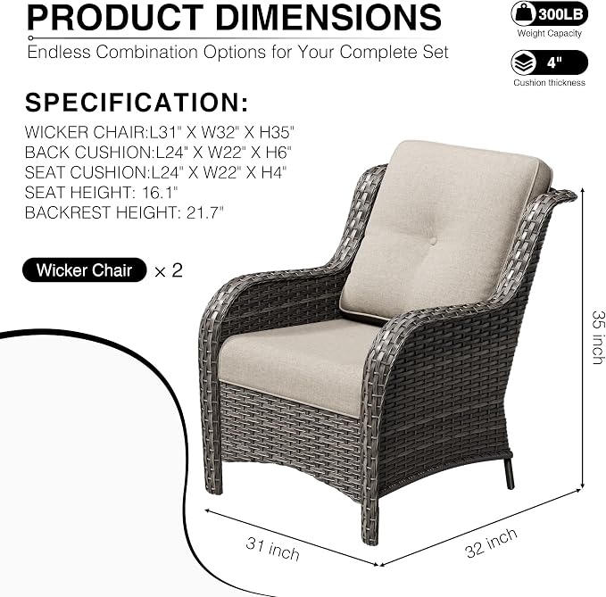 Joyside Patio Chairs Set of 2, Wicker Patio Furniture with High Back, Deep Seating, Wide Armrest, Thickened Cushions, Outdoor Rattan Furniture for Deck, Porch Use