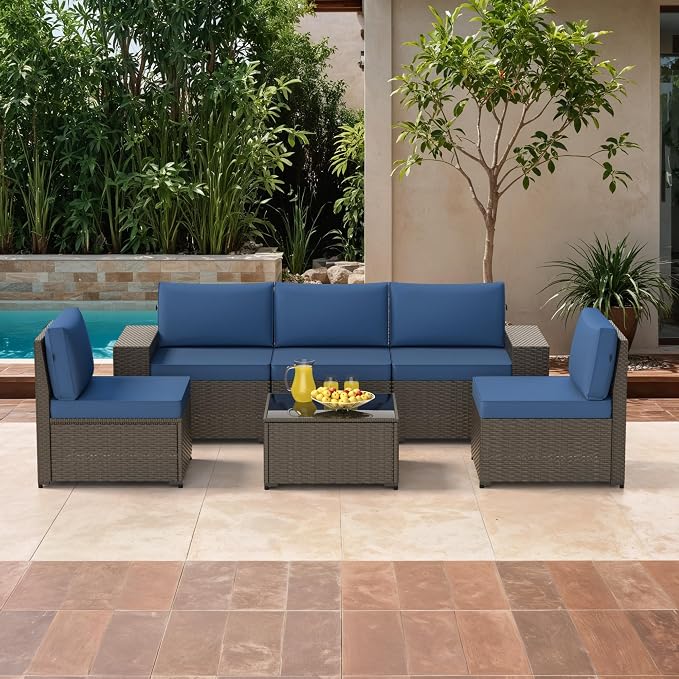 Patio Furniture Set, 6PCS Outdoor Sectional with Ottoman Wicker Rattan Patio Couch with Thickened Cushion Modular Wicker Patio Conversation Set with Glass Top Table for Balcony, Backyard(Blue)