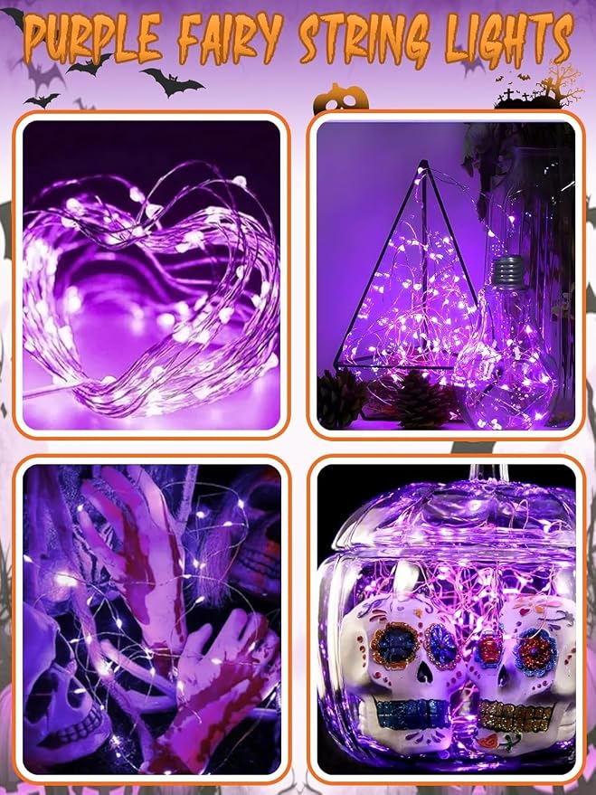 Halloween Fairy String Lights Battery Operated 100 LED 33FT 4 Pack Purple | Timer, 8 Modes, Remote Control, Brightness Adjustable Waterproof Twinkle Lights for Indoor Outdoor Party Cpreepy decorations
