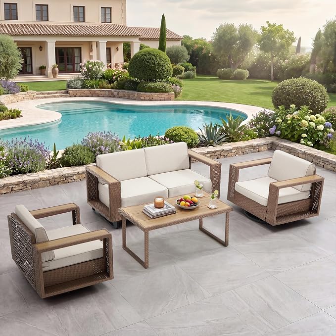 Bonzy Home 4 Piece Patio Furniture Set, 360° Swivel Wicker Chairs Set of 2 with Rattan Side Table and Loveseat Couch, Outdoor Patio Furniture with Extra-Thick Soft Cushions for Porch, Garden Poolside