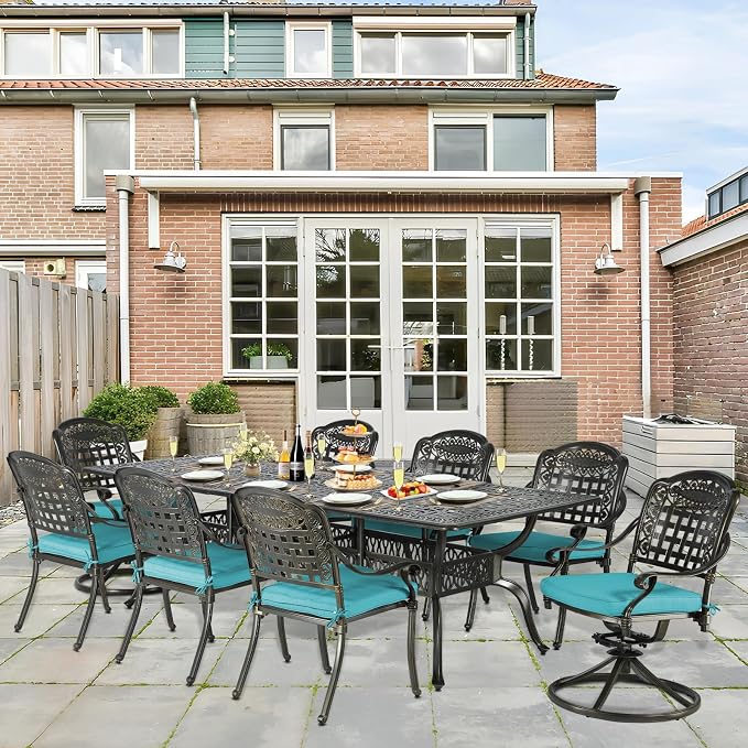 9-Piece Patio Cast Aluminum Dining Set, Outdoor Table and Chairs Set for 8, Includes 94.5" Rectangular Dining Table, 6 Stationary, 2 Swivel Dining Chairs with Umbrella Hole, Ocean Blue