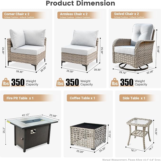 Outdoor Patio Furniture Sets,9 PCS Patio Conversation Set Outside Rattan Sectional Sofa with 42 in Fire Pit Table Wicker Rocking Chair Coffee Table Fit Backyard Porch Garden Poolside Balcony