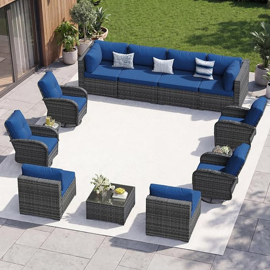 Aoxun 13 Piece Outdoor Patio Furniture Set with Coffee Table, Wicker Rattan Outdoor Furniture with High Back Swivel Rocker Chairs, Outdoor Conversation Set with Thick Cushion & Side Table, Navy Blue