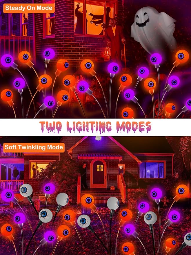 6 Pack Solar Halloween Decorations Outdoor 36 LED Solar Eyeball Lights | Orange and Purple Halloween Lights, Sway by Wind, IP65 Waterproof, 2 Modes, for Pathway Garden Yard Lawn Horror Party Decor