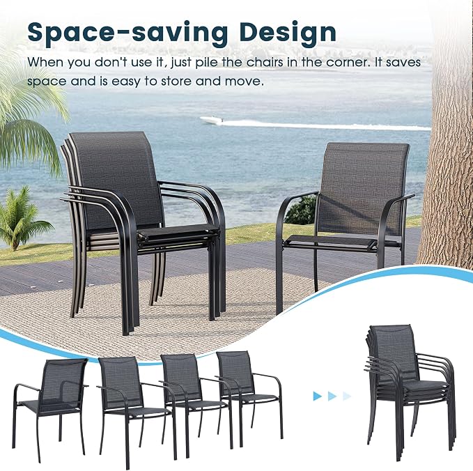 5 Pieces Patio Dining Set, 41" Round Dining Table with Umbrella Hole, 4 Stackable Textilene Fabric Chairs, Metal Structure for Patio, Porch, Garden(Grey Table, Grey Chair)