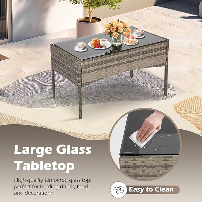 FDW | 4-Piece Patio Furniture Set | Gray & Khakhi | Outdoor Wicker Furniture with Coffee Table | Modern Rattan Chairs Conversation Set | Outdoor Seating | Weather-Resistant | for Porch, Garden, Lawn