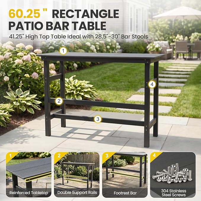 41.25" Outdoor Bar Table, Heavy Duty HDPE Console Table, Weather-Resistant Outdoor Console Table, Modern Bar Height Pub Table for Poolside/Garden/Backyard/Deck/Patio Furniture, Grey