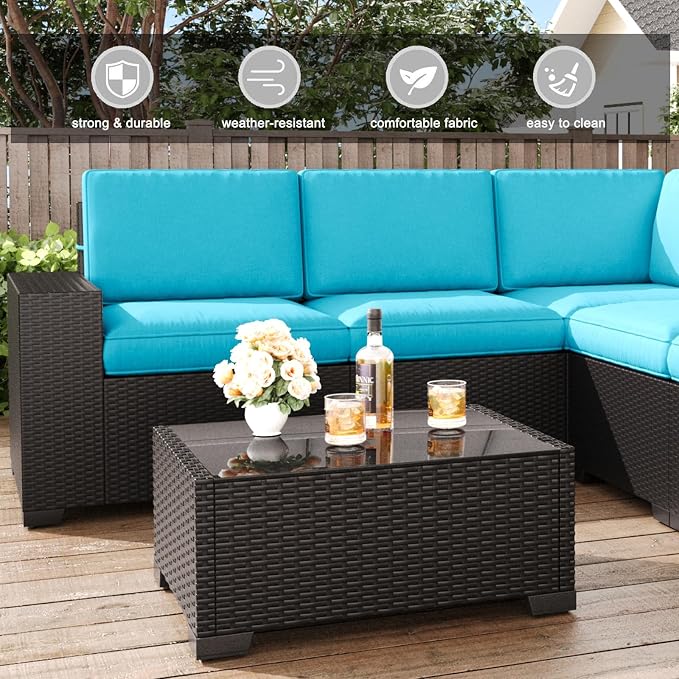 LayinSun 7 Pieces Patio Furniture Set with Fire Pit Table, Black Rattan Modular Sectional Patio Conversation Sofa Set