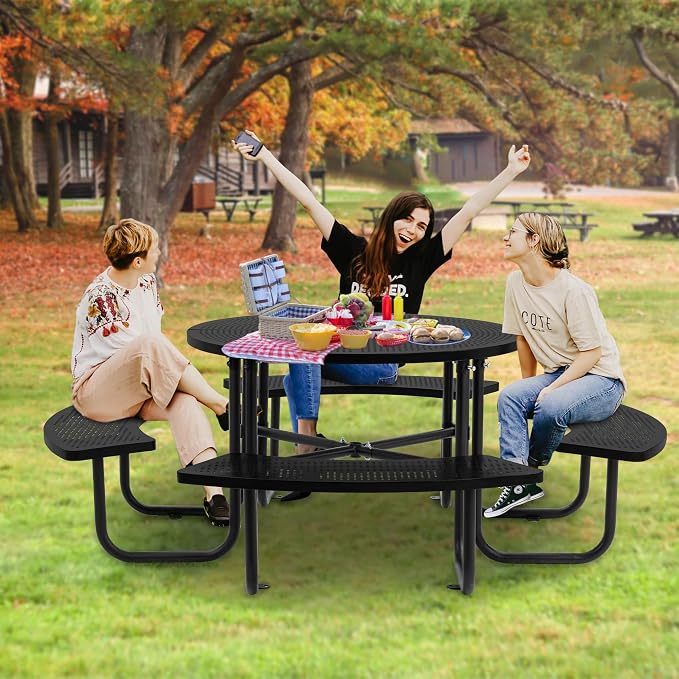46" Round Outdoor Metal Coffee Picnic Table for Patio, Backyard, Garden and DIY (Includes 4 Built-in Benches) - Black