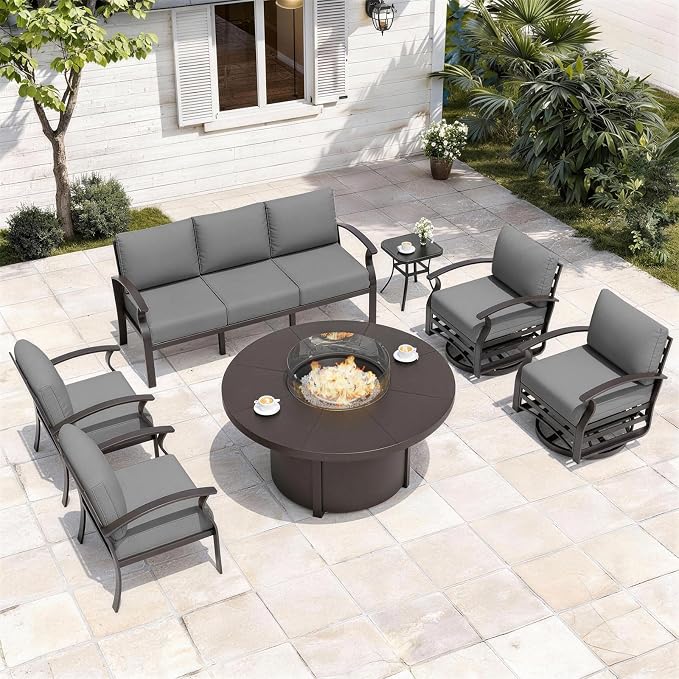 ALAULM Aluminum Patio Furniture Set with Coffee Table Rectangular, 5-seat Outdoor Sectional Furniture w/2 Swivel Chairs, Patio Conversation Set for Porch, Backyard, Poolside-Grey