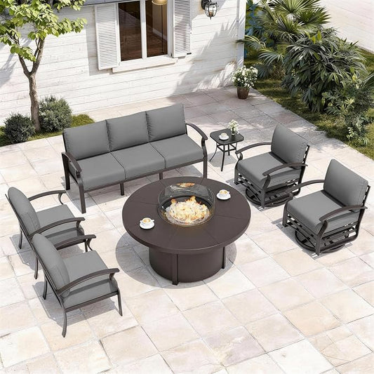 ALAULM Aluminum Patio Furniture Set with Coffee Table Rectangular, 5-seat Outdoor Sectional Furniture w/2 Swivel Chairs, Patio Conversation Set for Porch, Backyard, Poolside-Grey