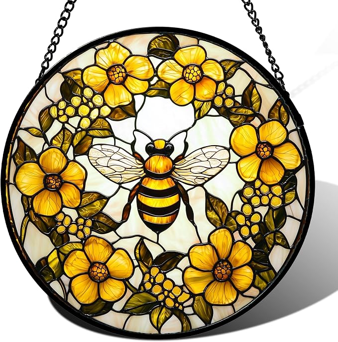 Stained Glass Window Hanging - Yellow Flowers Surrounded by Bees Sun Catcher for Door Garden Home Decor Cute Suncatcher Christmas Mother's Day Birthday Gifts for Women Men Mom Nana 15 in