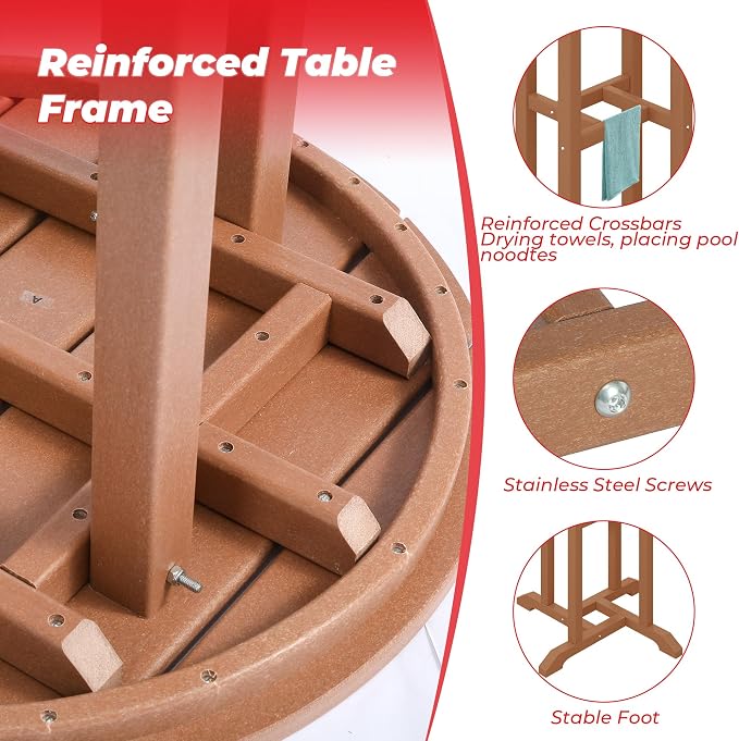 Costaelm Outdoor Bar Table, 42" Counter Height Round Patio Cocktail Bar Table, Patio Bar Table 3-Pieces Set Bistro Dining Table Pub Table for Deck, Backyard, Garden, Teak
