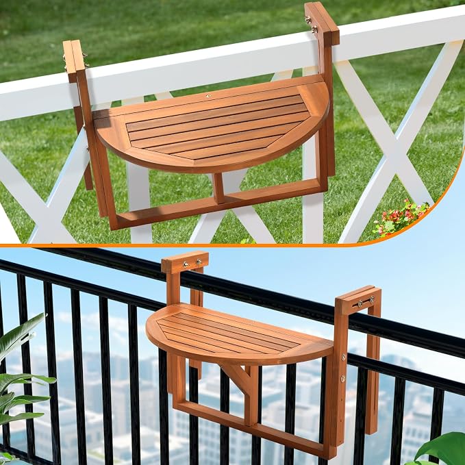 VINGLI 22in Acacia Wood Folding Balcony Hanging Table – Adjustable Height & Width, Balcony Railing Table Ideal for Different Railing Widths,Perfect for Balcony,Patio,Semicircular,Natural Wood Color