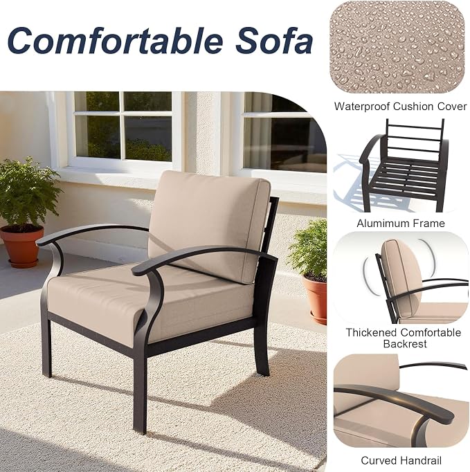 ALAULM Aluminum Patio Furniture Set with Coffee Table Rectangular，5-seat Outdoor Sectional Furniture w/5.1" Cushions，Patio Conversation Set for Porch, Backyard, Poolside-Sand