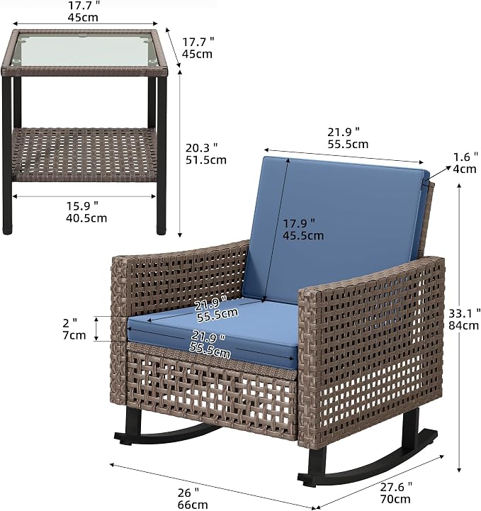 YITAHOME 3 Pieces Patio Wicker Rocking Chair Set, Outdoor Patio Furniture Set with Rattan Side Table, Thickened Cushions, Rocker Patio Chairs Set for Porch, Poolside, and Yard, Blue