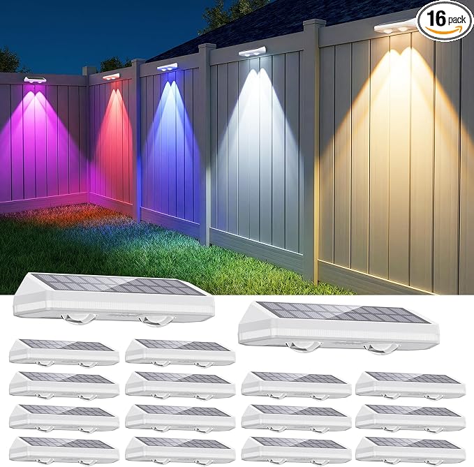 16 Pack Solar Fence Lights, Fence Lights Solar Powered with Ultra-Bright Lens Warm White + RGB 13 Color Mode IP65 Waterproo for Backyard/Step/Patio/Deck/Stair/Railings-White