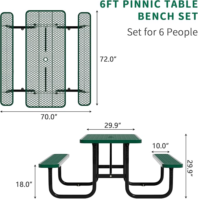 6FT Rectangular Metal Picnic Table for Outdoors, Commercial Steel Metal Picnic Tables, Heavy Duty Sturdy Picnic Tables Furniture Set for Patio Garden Courtyard BBQ, with Umbrella Hole, Green