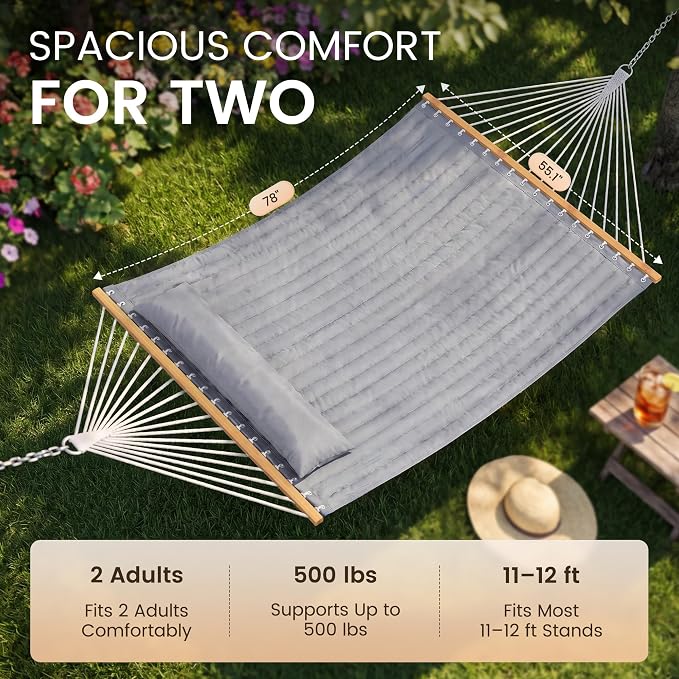 Everyfun Double Hammock with Spreader Bar & Pillow, Portable 500lbs Capacity for Outdoor, Camping, Patio, Backyard Relaxation,Gray