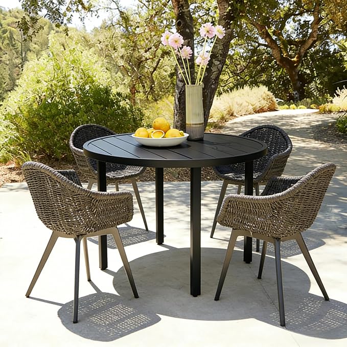 60" Round Outdoor Patio Table for 8, Metal Black Dining Table with Adjustable Umbrella Hole, Garden, Backyard & Deck Bistro Table