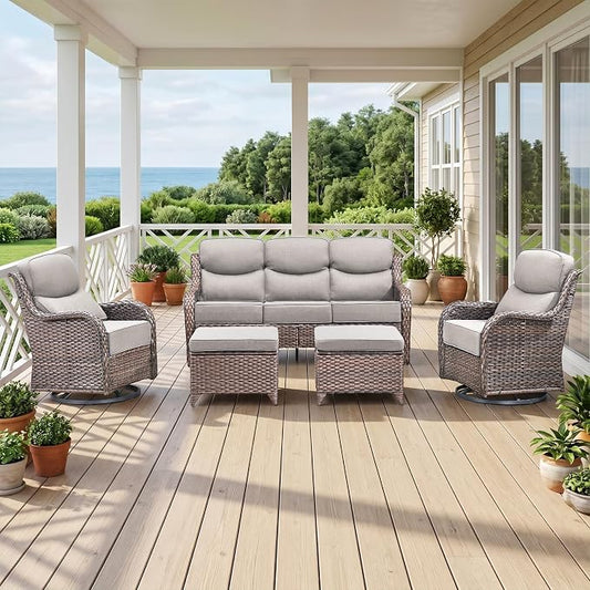 Luxury High Back Outdoor Furniture with 6-Inch Thick Cushions, Patio Furniture Set with Swivel Chairs, 5 PCS Wicker Conversation Set for Porch, Balcony, Deck and Yard