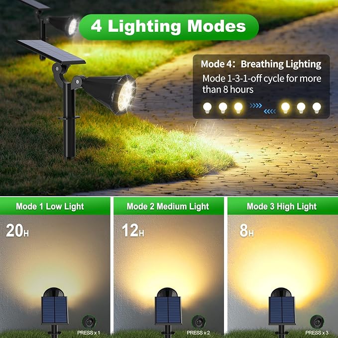 Tadyreal 8 Pack Solar Spot Lights Outdoor Waterproof 180 Adjustable Solar Powered Landscape Lights for Yard, Garden, Pathway, Porch, Pool, Wall, 4 Lighting Modes, Warm White