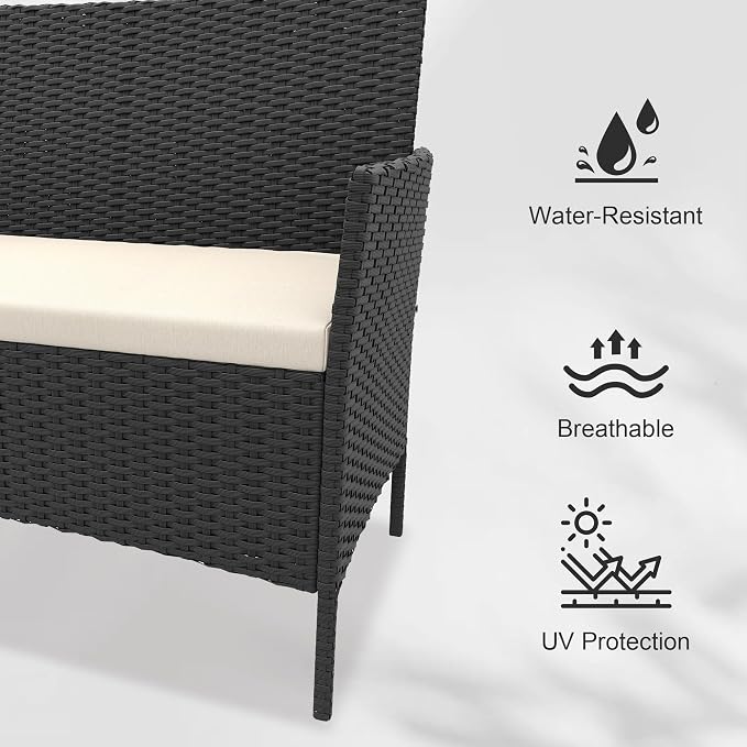 4 Pieces Patio Furniture Sets, Outdoor Wicker Conversation Sets with Soft Cushion and Glass Table, All Weather Manual Rattan Chairs for Garden, Terrace, Porch, Lawn, Poolside, Black and Beige