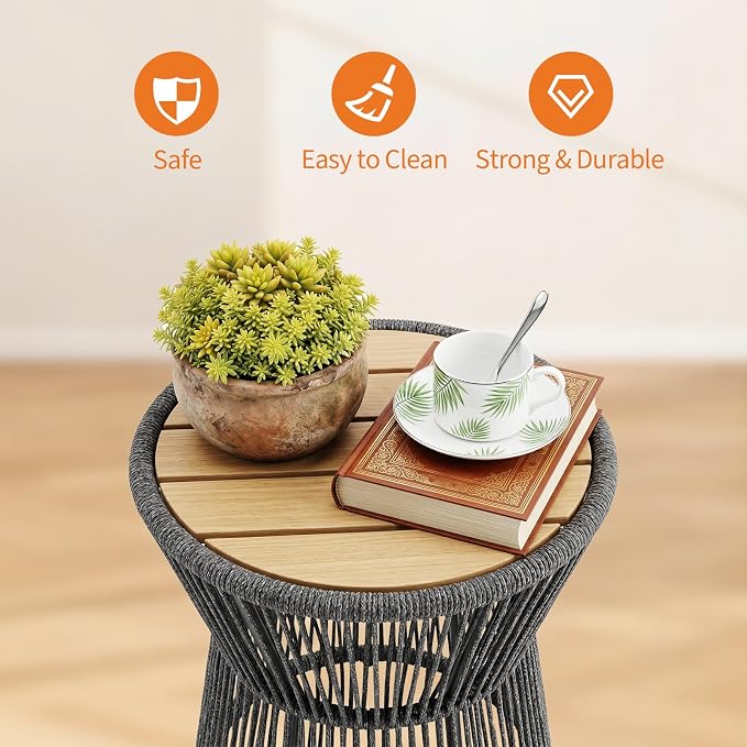 PeakPursuit Outdoor Side Table, Small End Table with Wooden Top, Woven Rope Round Coffee Tables for Patio Balcony Poolside