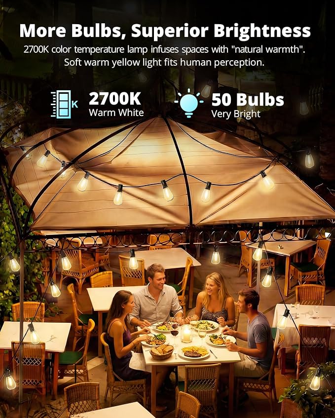 VIPAR Outdoor String Lights,100FT LED Patio Lights Waterproof 52 ST38 Bulbs | Shatterproof,Edison Outside Lights,Plug-In,2700K Dimmable, Connectable, Hanging Light for Porch Garden Backyard Deck Balcony
