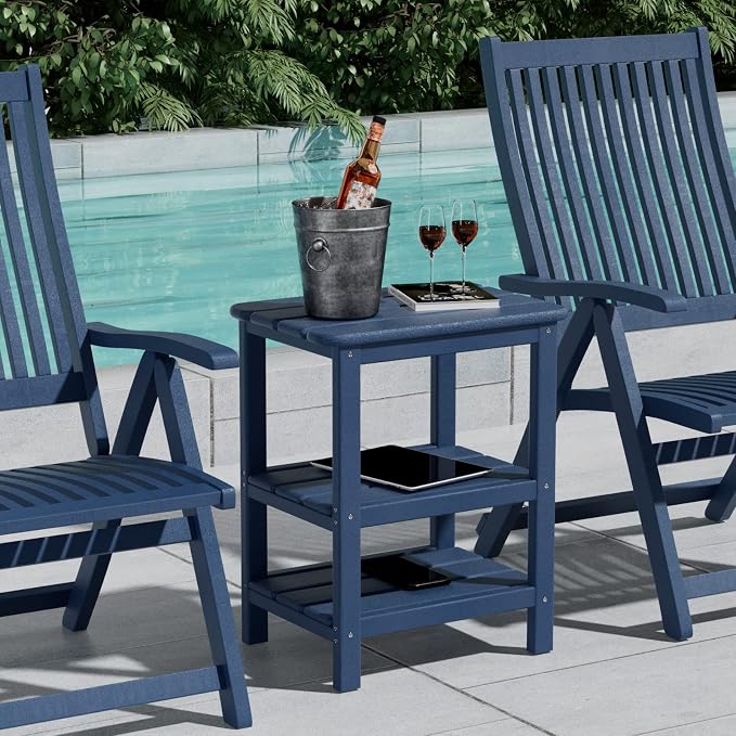 3 Tier Outdoor Side Table Adirondack Side Table HDPE End Table Patio Side Table Rectangle Tables for Outdoor Backyard Garden Balcony (Blue - No Wood Grain)