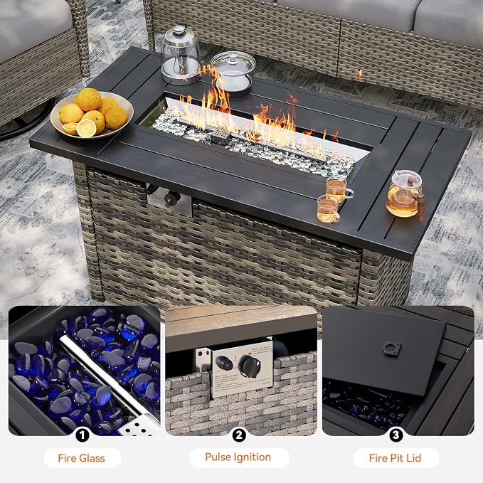 Aoxun 10-Piece Patio Furniture Set with 44'' Fire Pit Table, Luxury Outdoor Furniture Set with 360° Swivel Chairs, Patio Conversation Set for Backyard, Poolside & Garden, Beige/Gray