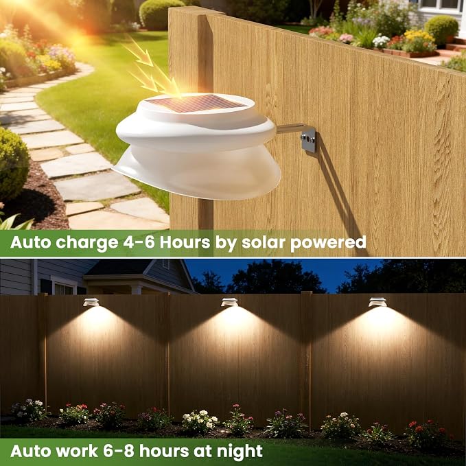 JSOT Outdoor Gutter Light, Bright Solar Fence Lights, Waterproof Lighting for Patio Eaves Pathway Garden Garage Stairs Wall 2 Installations Methods - Cool White, 6 Pack-White lampshade