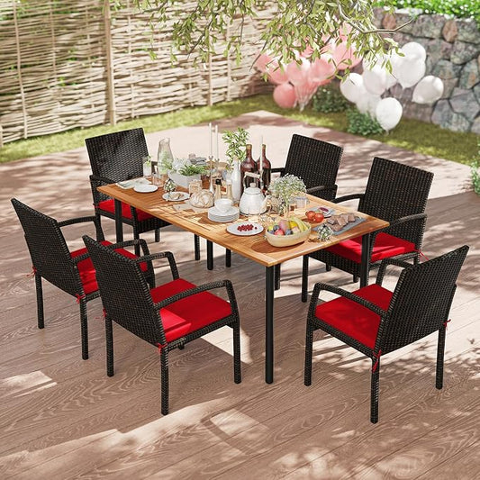 Tangkula 7 Pieces Outdoor Dining Set, Patio Acacia Wood Table and PE Rattan Chairs with Soft Cushions and 2” Umbrella Hole for Deck, Garden and Backyard
